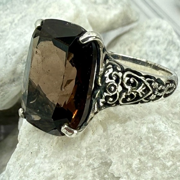 Sterling Silver Smoky Quartz Filigree Statement Ring Size 8 - Picture 8 of 17
